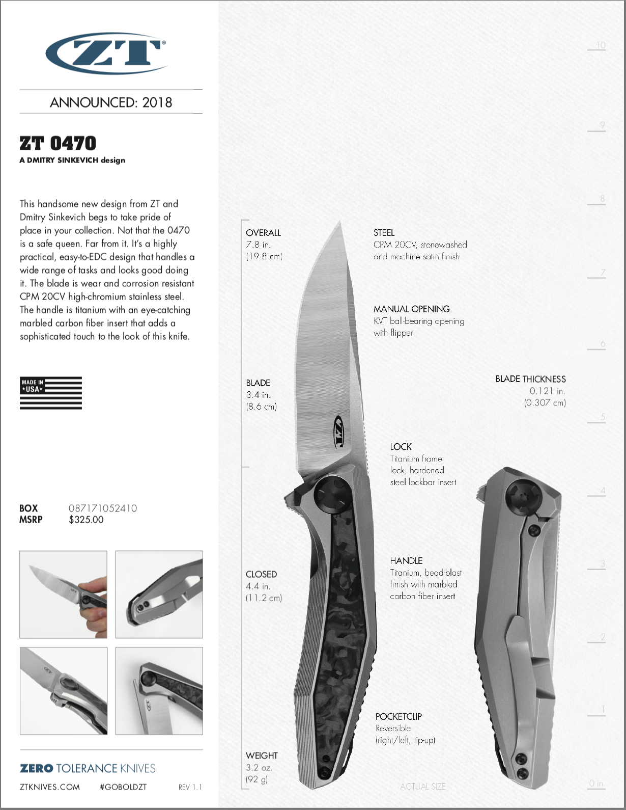 Zero Tolerance ZT 0470 Sinkevich Carbon Fiber Framelock Knife, USA, New In Box!