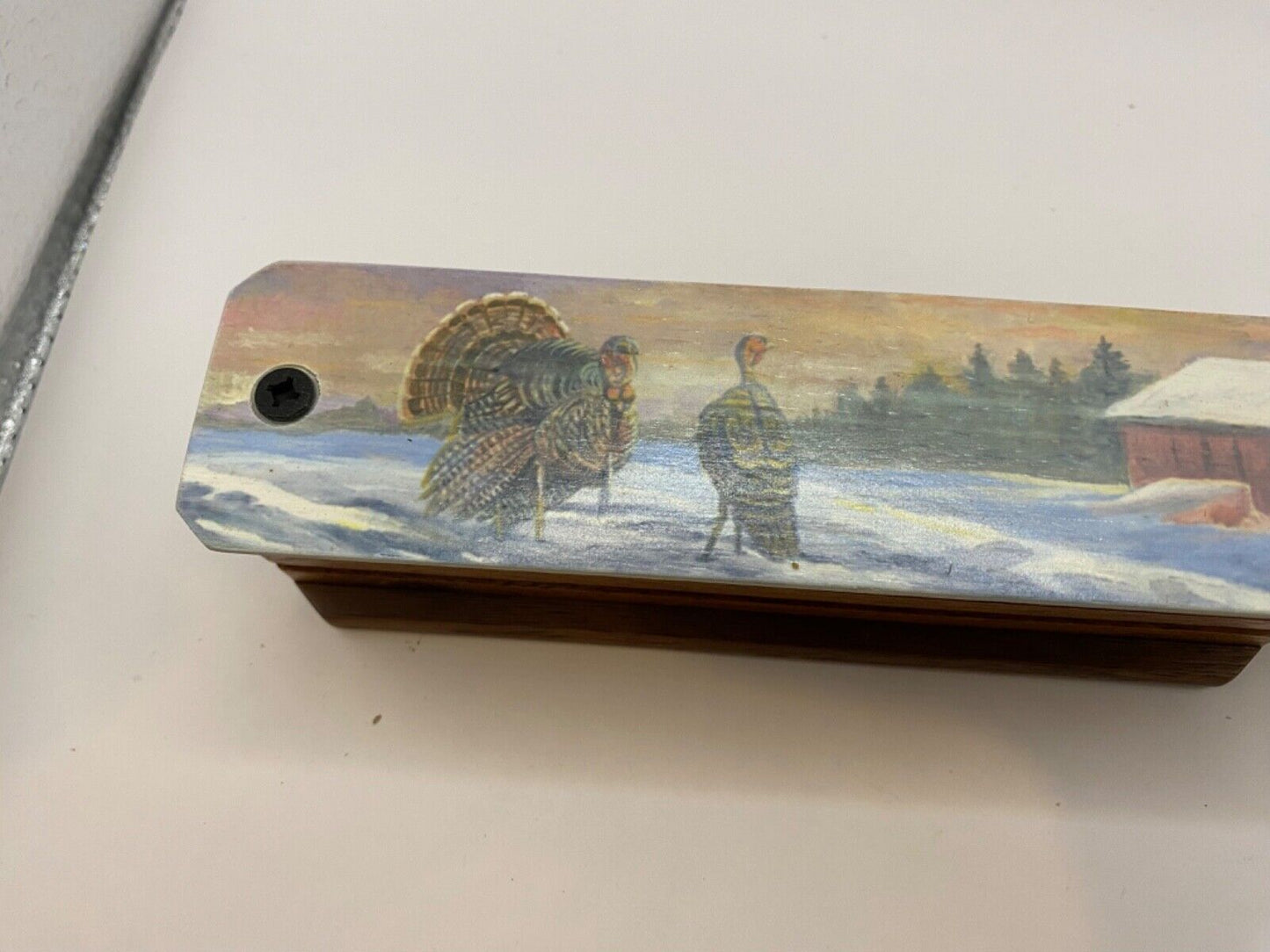 Wooden Amish Crafted Painted Lid Turkey Box Call - Winter Scene