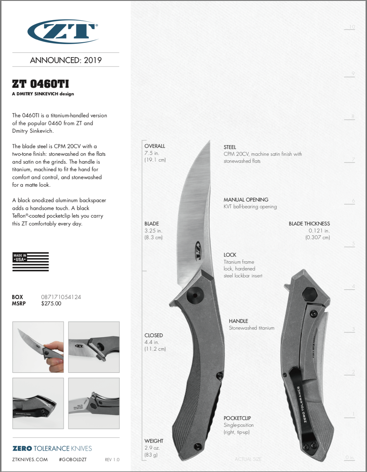 Zero Tolerance ZT 0460TI Sinkevich Titanium Framelock Knife, USA, New In Box!