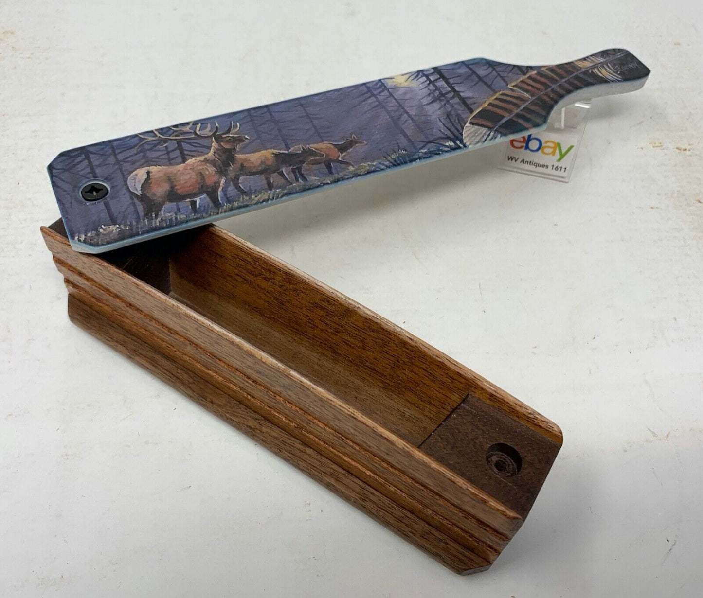 Wooden Amish Crafted Painted Lid Turkey Box Call - Elk Scene