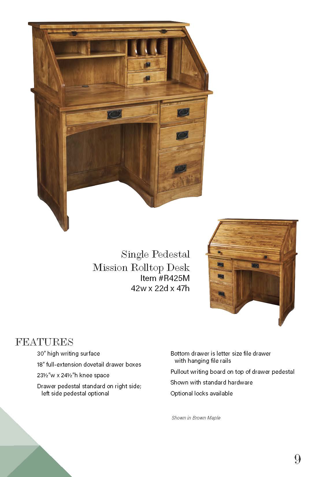 Single Pedestal Mission Rolltop Desk – 42W”