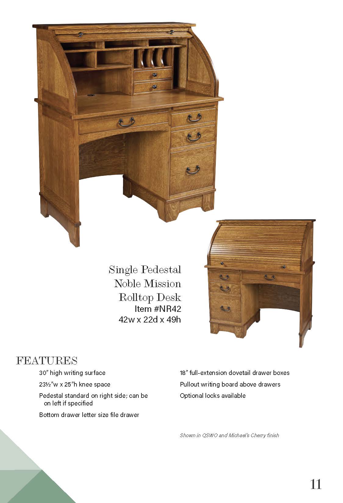 Single Pedestal Noble Mission Rolltop Desk – 42W”