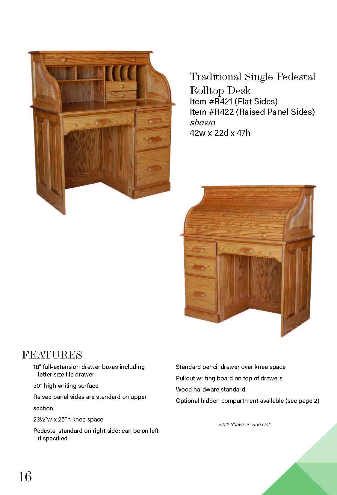Traditional 42" Single Pedestal Rolltop Desk