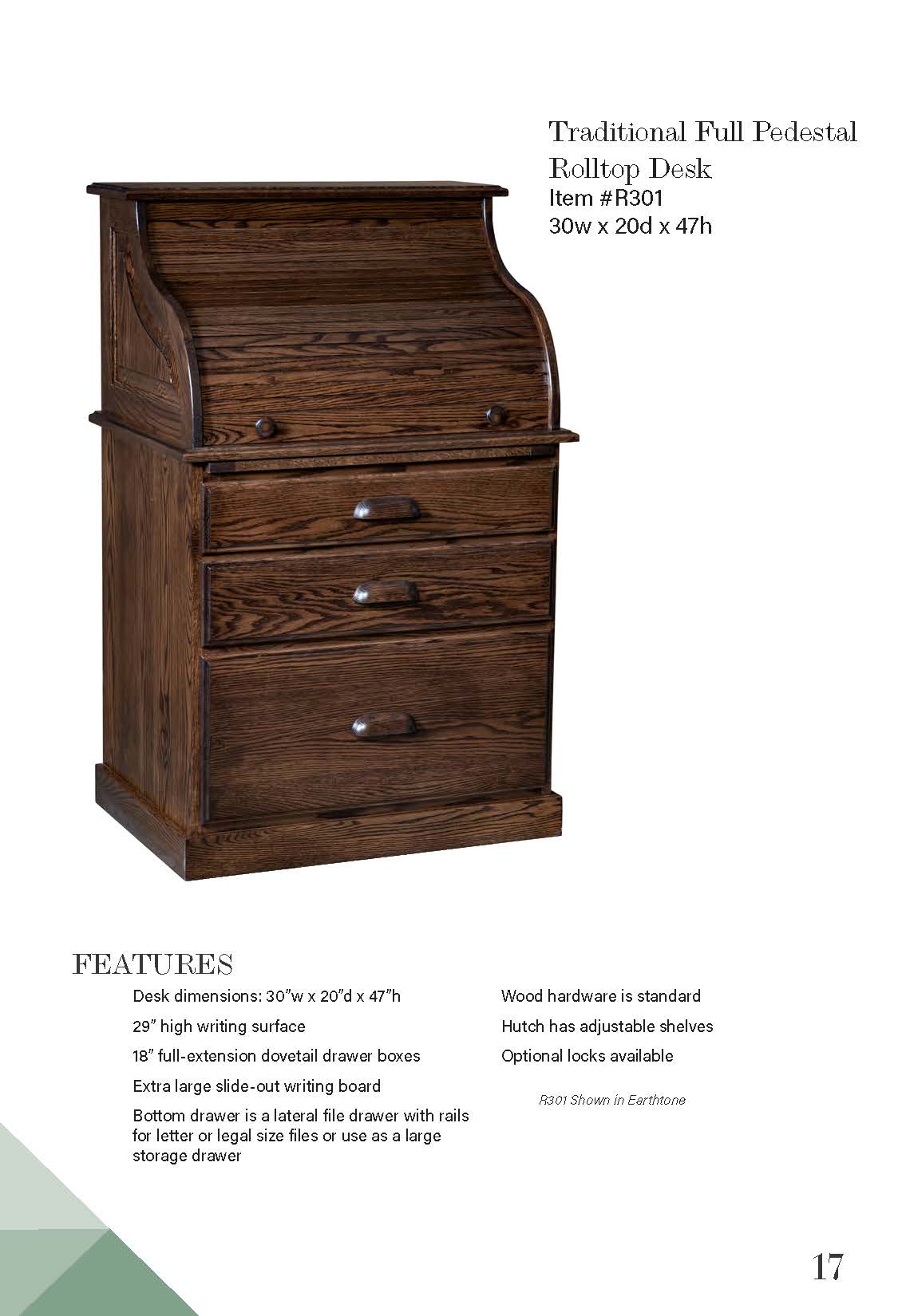 Traditional Full Pedestal Rolltop Desk – 30W”