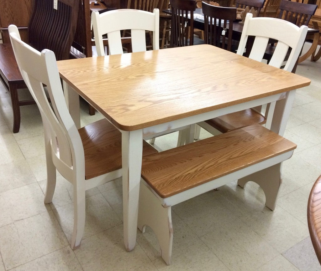 Two Tone Dinette Set, 36" x 42" Table, 3 Austin Side Chairs, Farm Bench