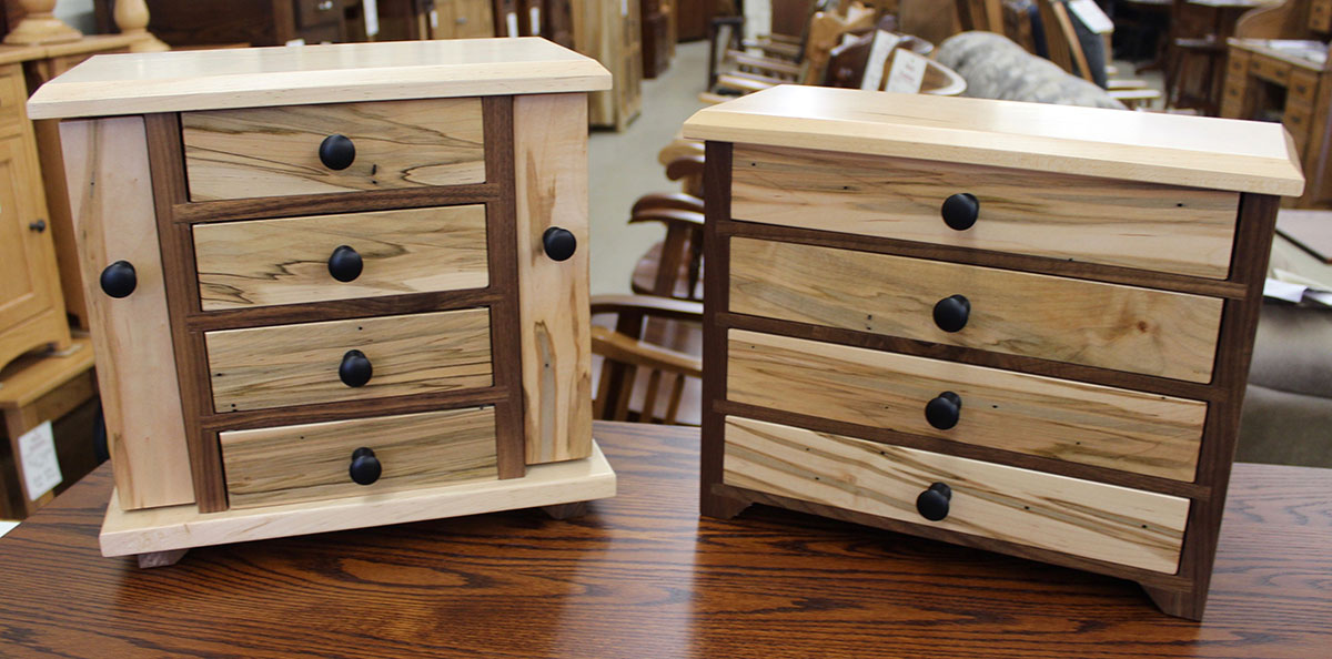 Dresser Top Jewelry Cabinet in Wormy Maple and Walnut