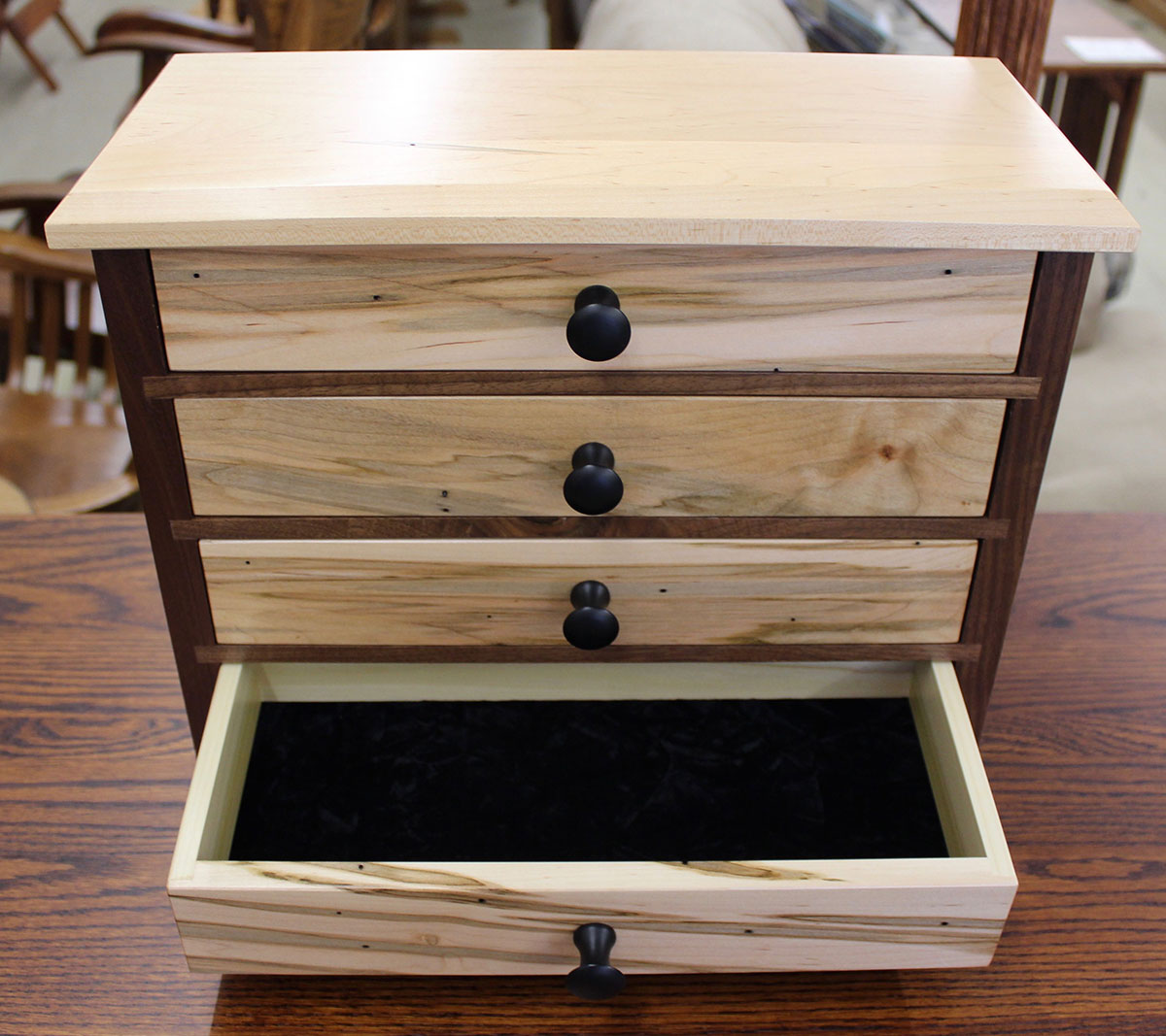 4 Drawer Shaker Jewelry Chest in Wormy Maple / Walnut