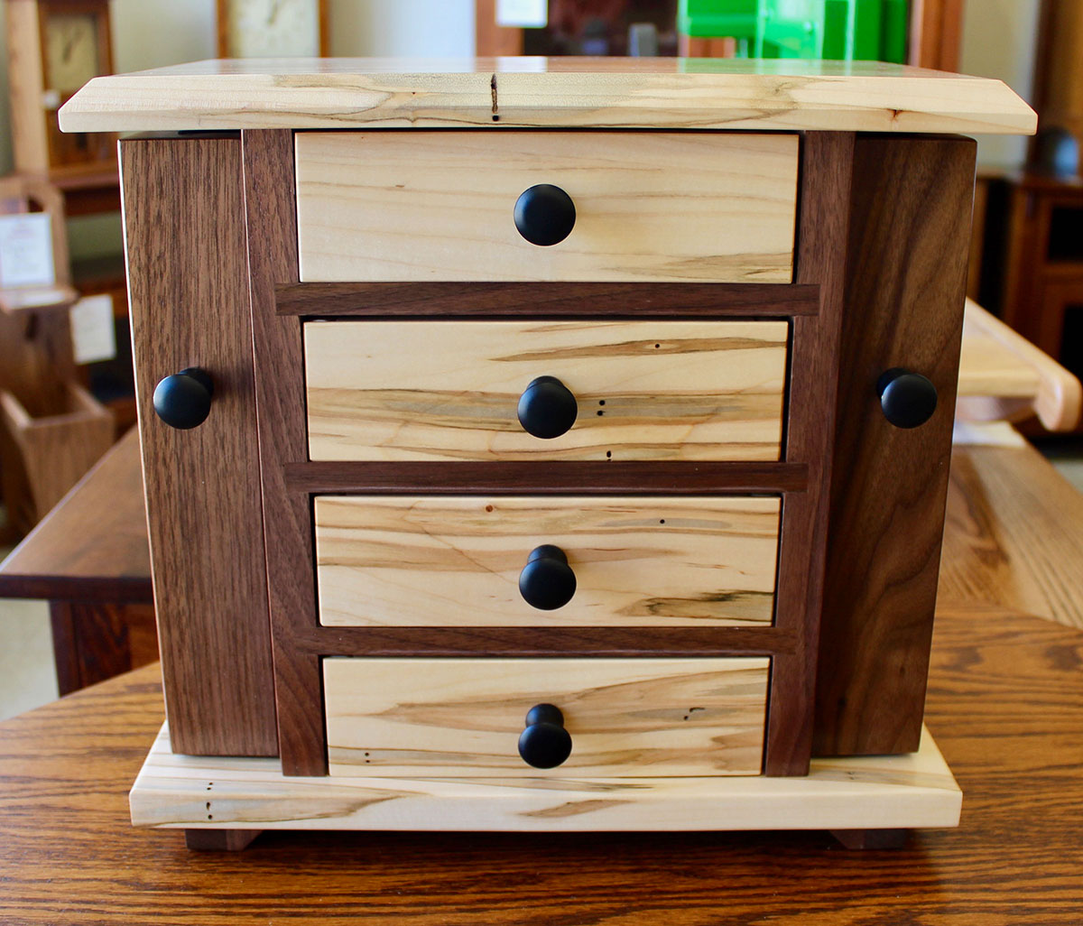 Dresser Top Jewelry Cabinet in Wormy Maple and Walnut