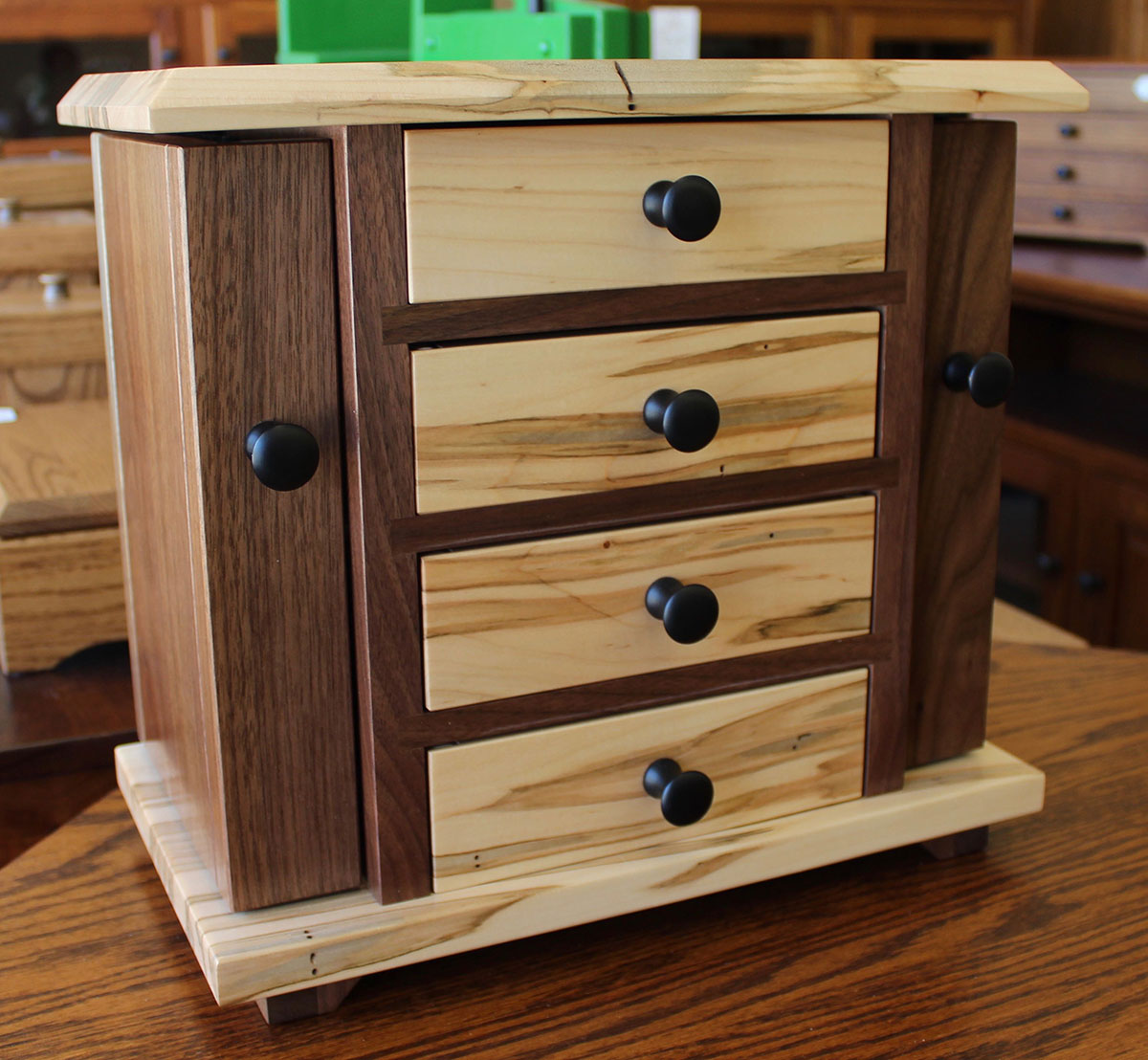 Dresser Top Jewelry Cabinet in Wormy Maple and Walnut