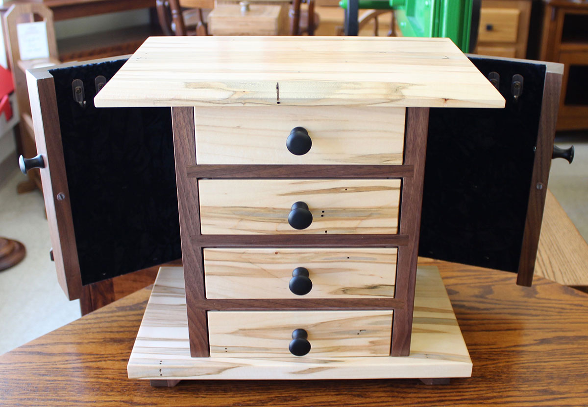Dresser Top Jewelry Cabinet in Wormy Maple and Walnut