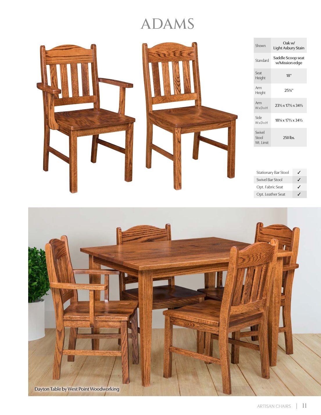 Adams Arm Chair catalog page