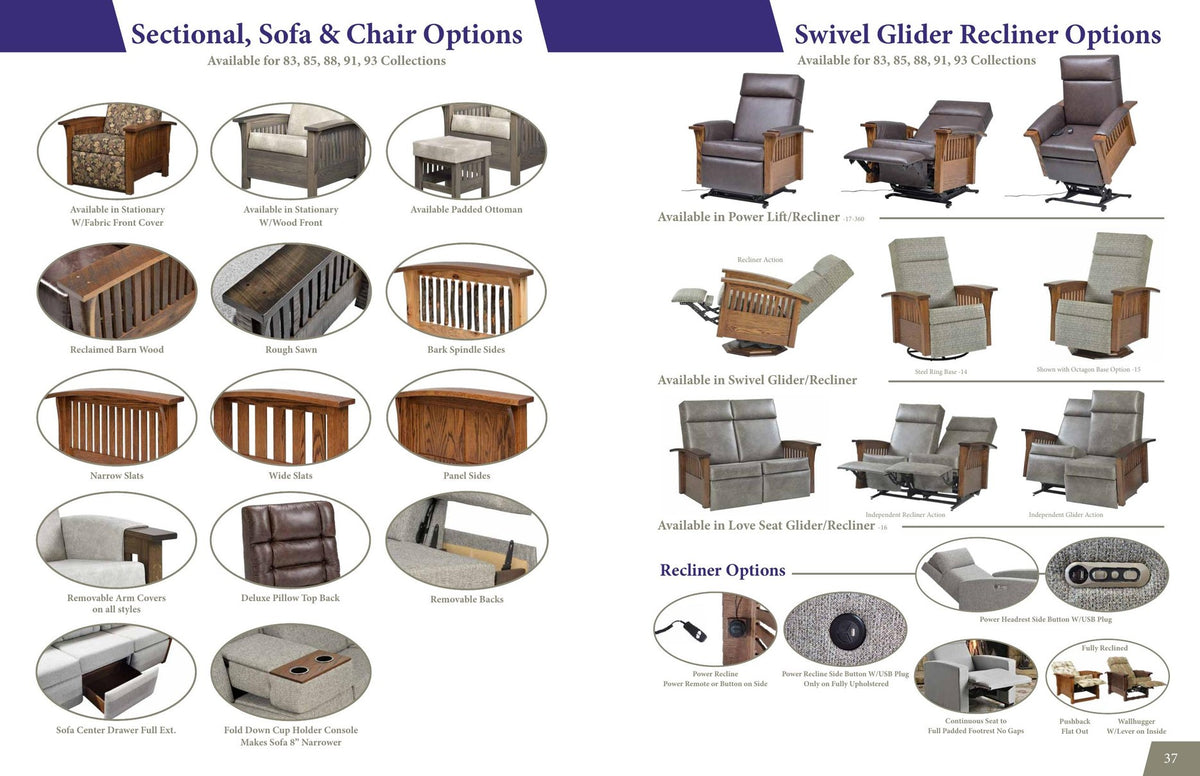 Sofa and swivel glider options catalog page