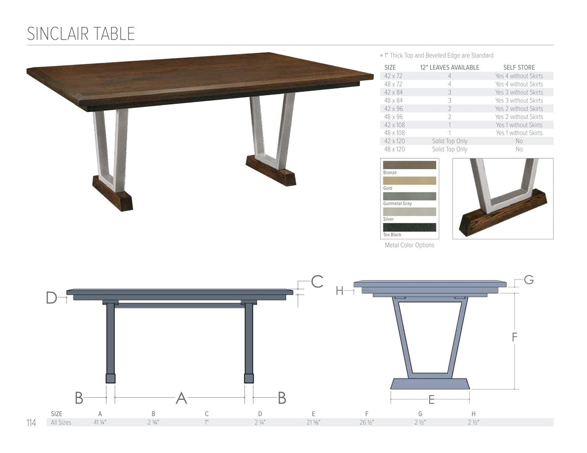 Sinclair Table catalog page