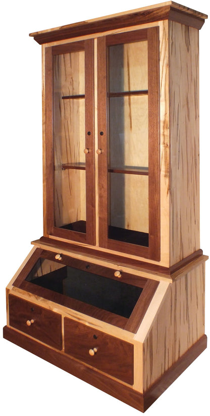 10 Gun Wormy Maple and Walnut Cabinet with Pistol Display