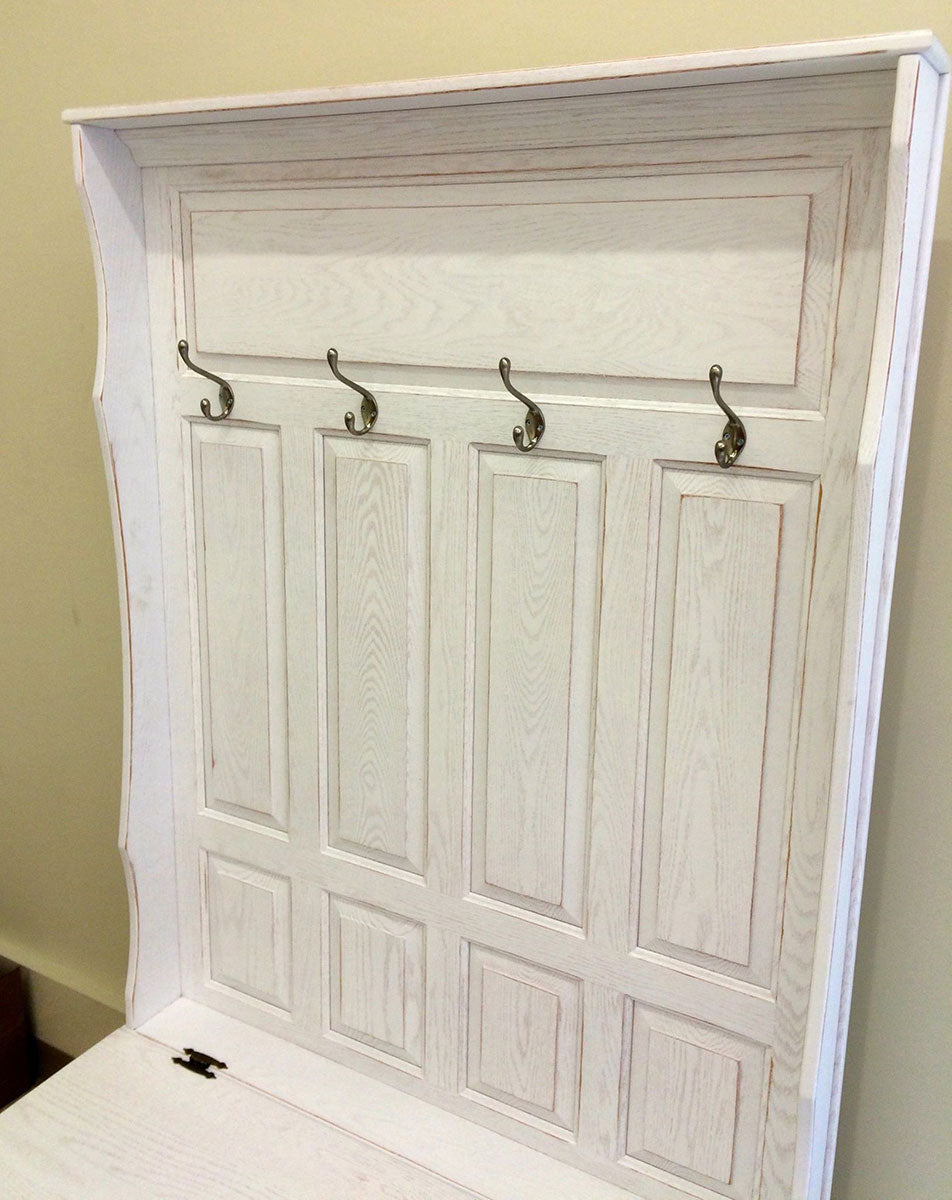 Raised Panel Hall Seat with 4 Panels, Cubbies and White Rubbed Through Finish