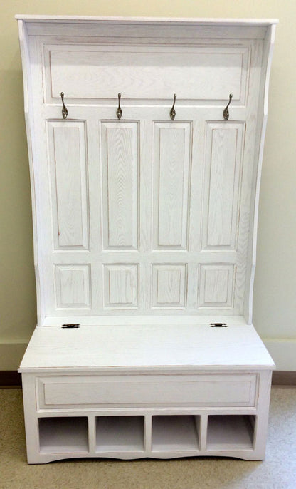 Raised Panel Hall Seat with 4 Panels, Cubbies and White Rubbed Through Finish