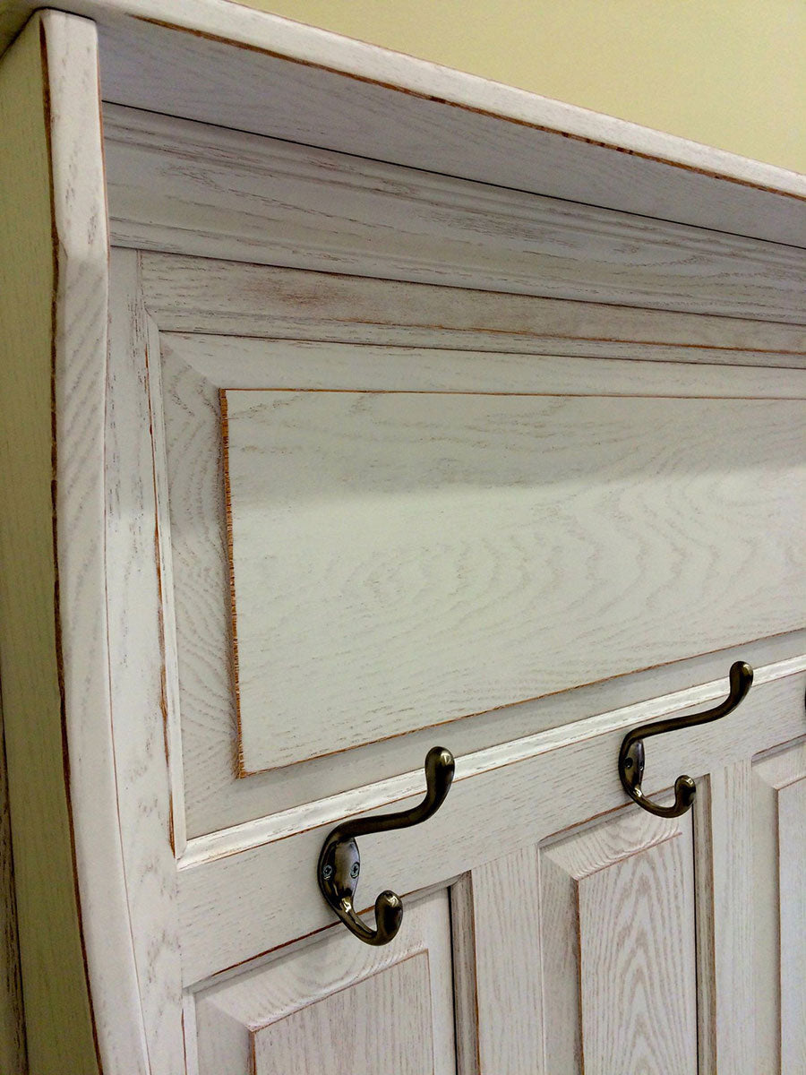 Raised Panel Hall Seat with 4 Panels, Cubbies and White Rubbed Through Finish