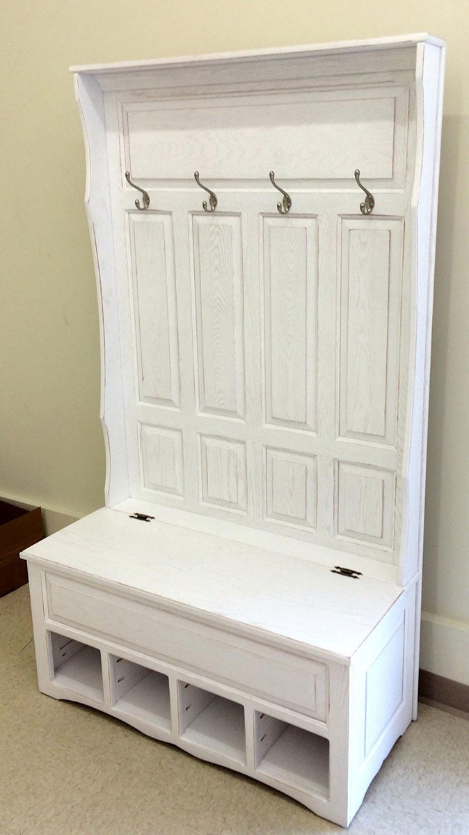 Raised Panel Hall Seat with 4 Panels, Cubbies and White Rubbed Through Finish