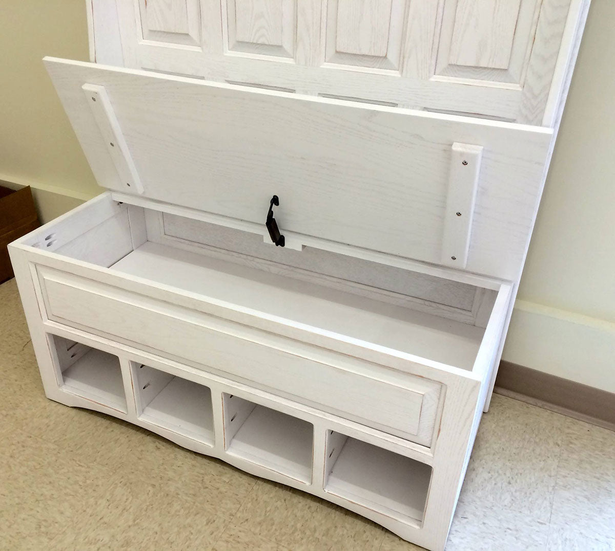 Raised Panel Hall Seat with 4 Panels, Cubbies and White Rubbed Through Finish