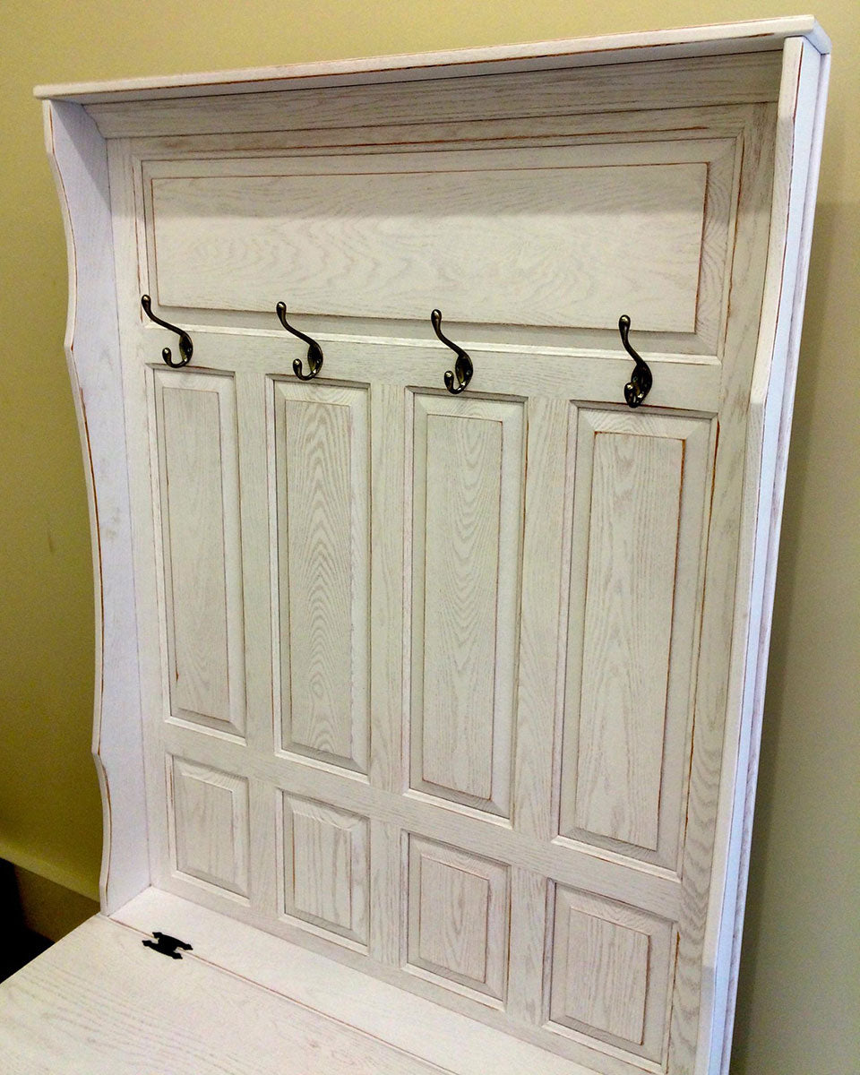 Raised Panel Hall Seat with 4 Panels, Cubbies and White Rubbed Through Finish