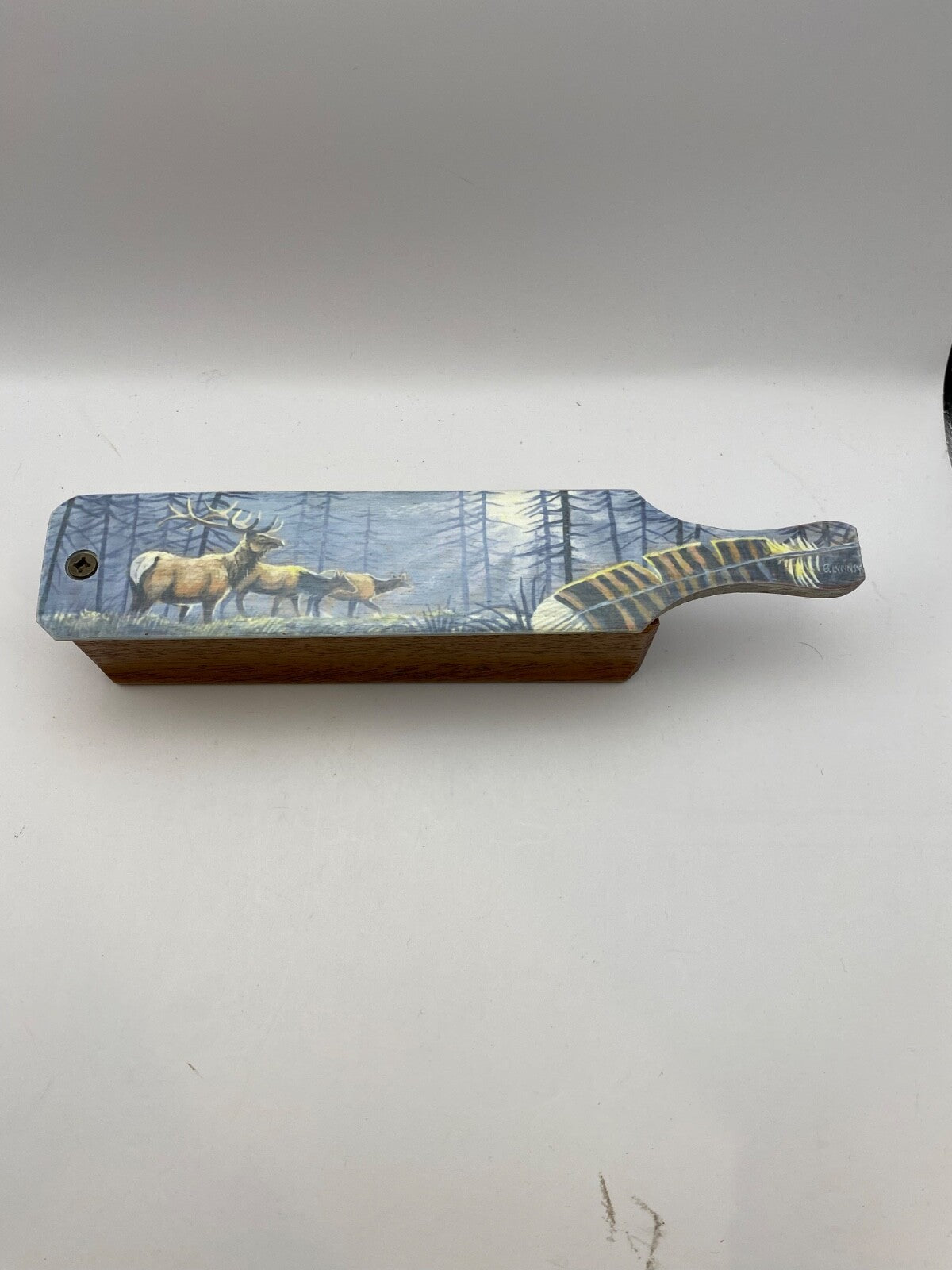 Wooden Amish Crafted Painted Lid Turkey Box Call - Elk Scene - New, Unused!