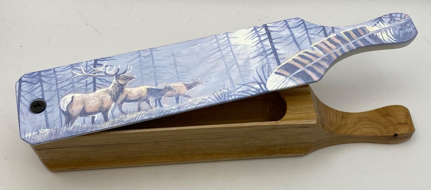 Wooden Amish Crafted Painted Lid Turkey Box Call - Elk Scene - New, Unused!