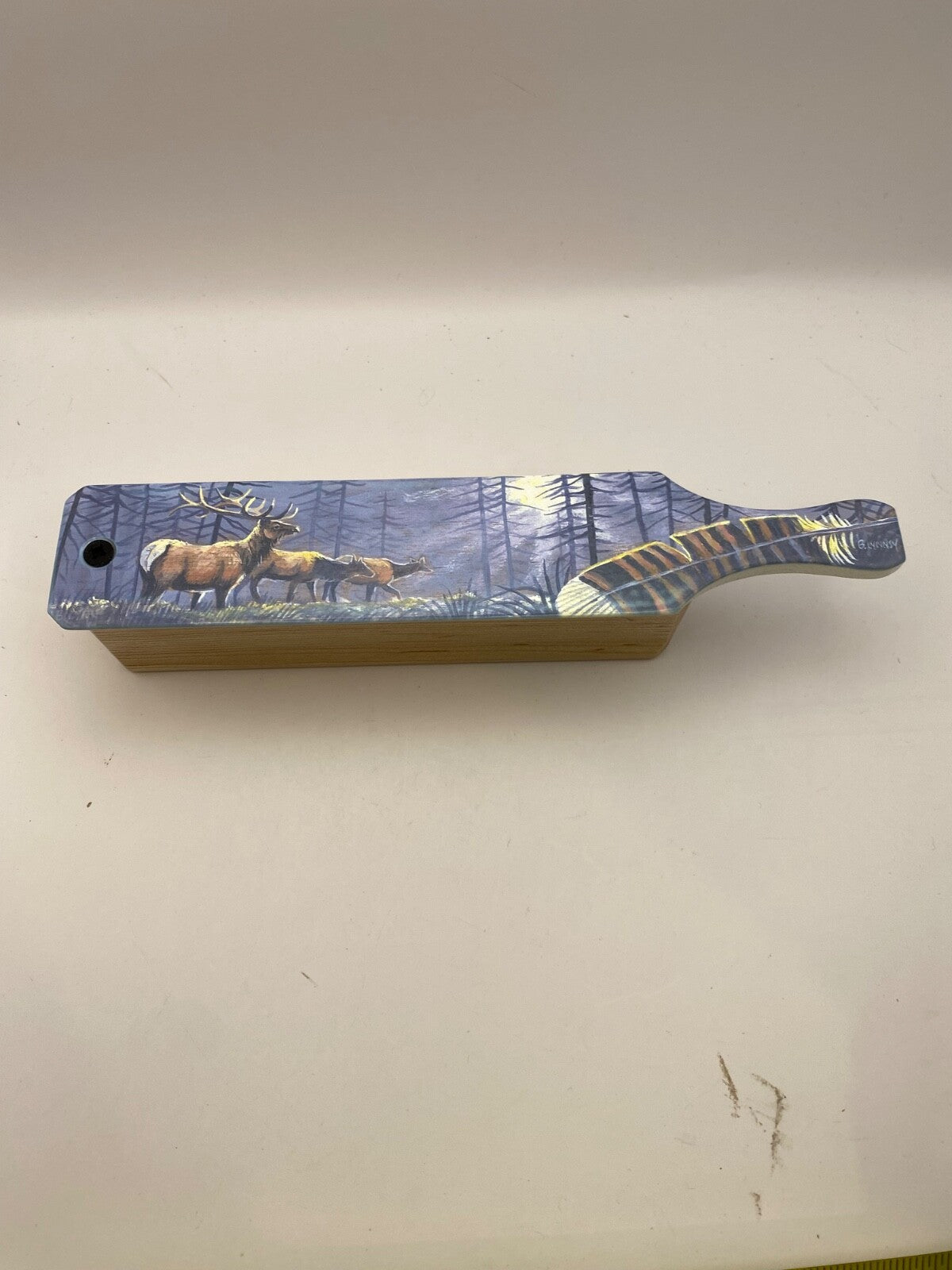 Wooden Amish Crafted Painted Lid Turkey Box Call - Elk Scene - New, Unused!