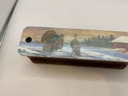 Wooden Amish Crafted Painted Lid Turkey Box Call - Winter Scene