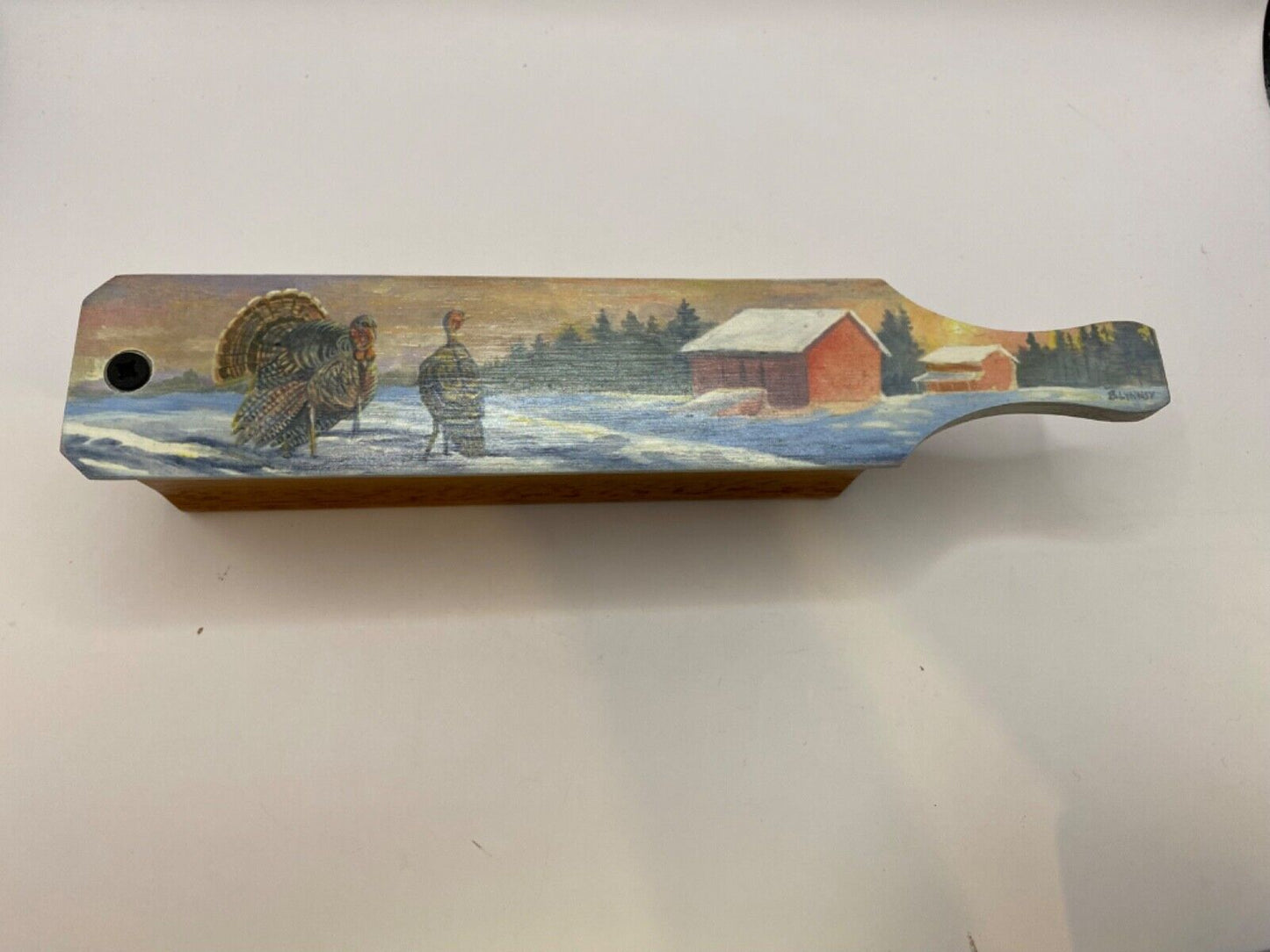 Wooden Amish Crafted Painted Lid Turkey Box Call - Winter Scene