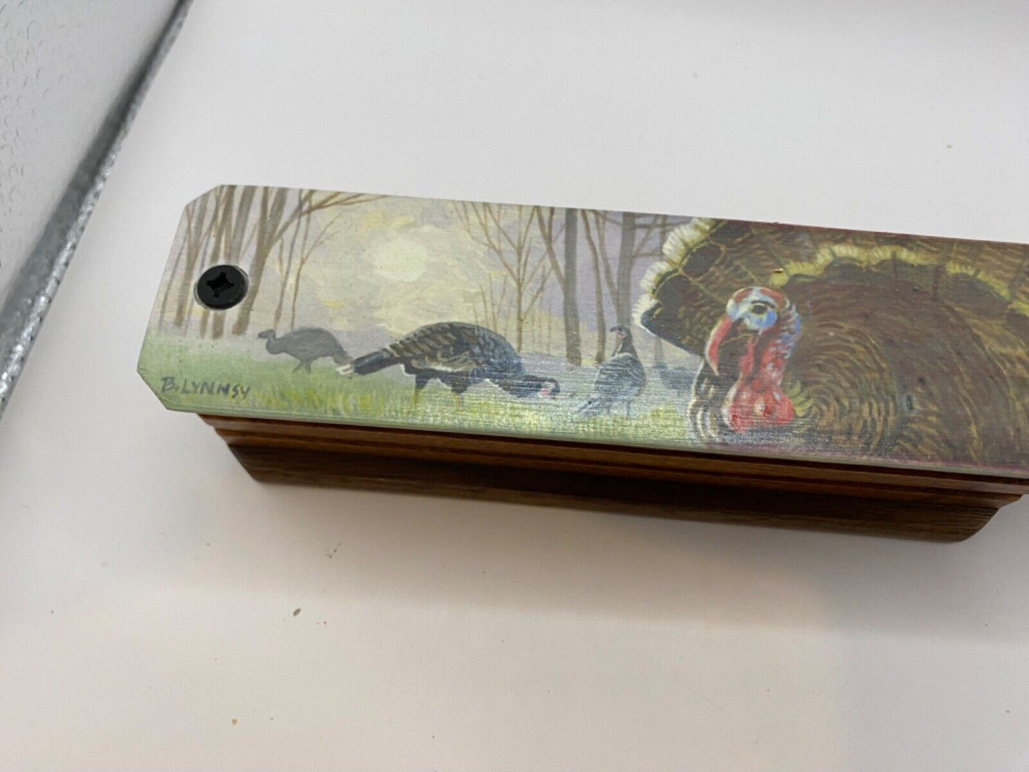 Wooden Amish Crafted Painted Lid Turkey Box Call - Turkey Scene