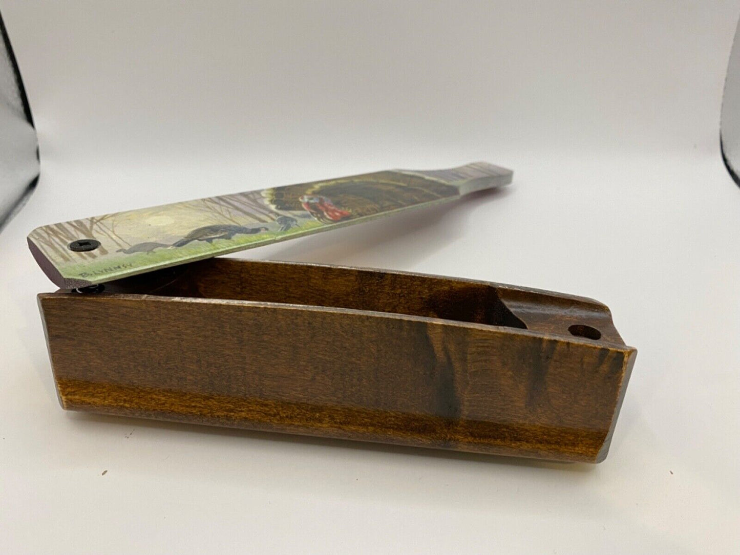 Wooden Amish Crafted Painted Lid Turkey Box Call - Turkey Scene