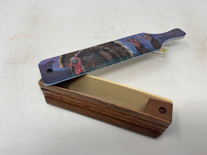 Wooden Amish Crafted Painted Lid Turkey Box Call - Turkey Scene