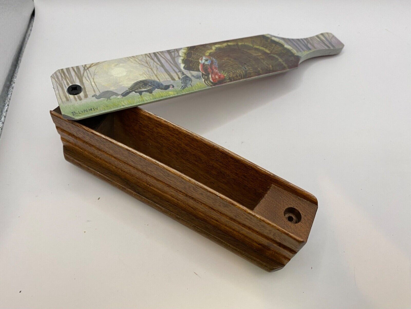 Wooden Amish Crafted Painted Lid Turkey Box Call - Turkey Scene