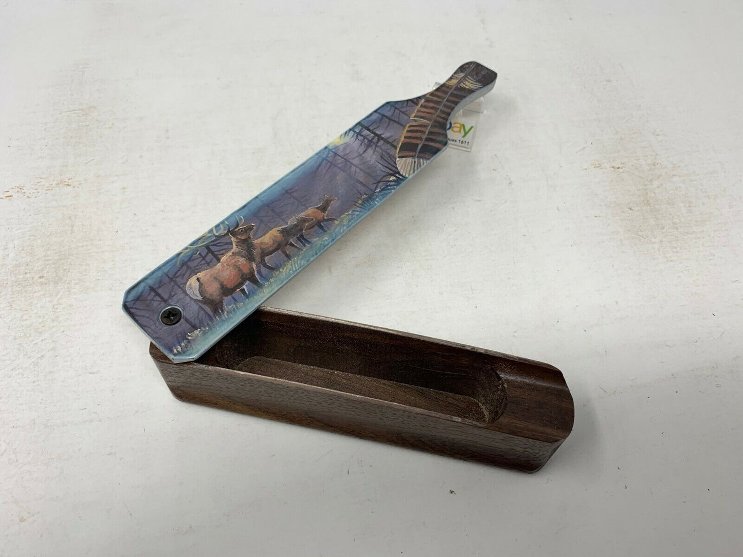 Wooden Amish Crafted Painted Lid Turkey Box Call - Elk Scene