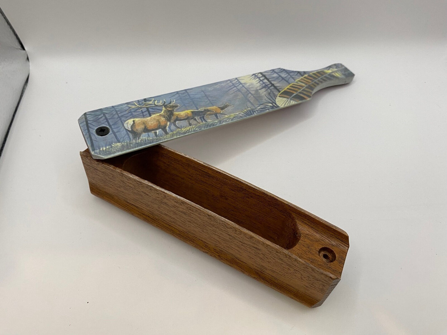 Wooden Amish Crafted Painted Lid Turkey Box Call - Elk Scene - New, Unused!