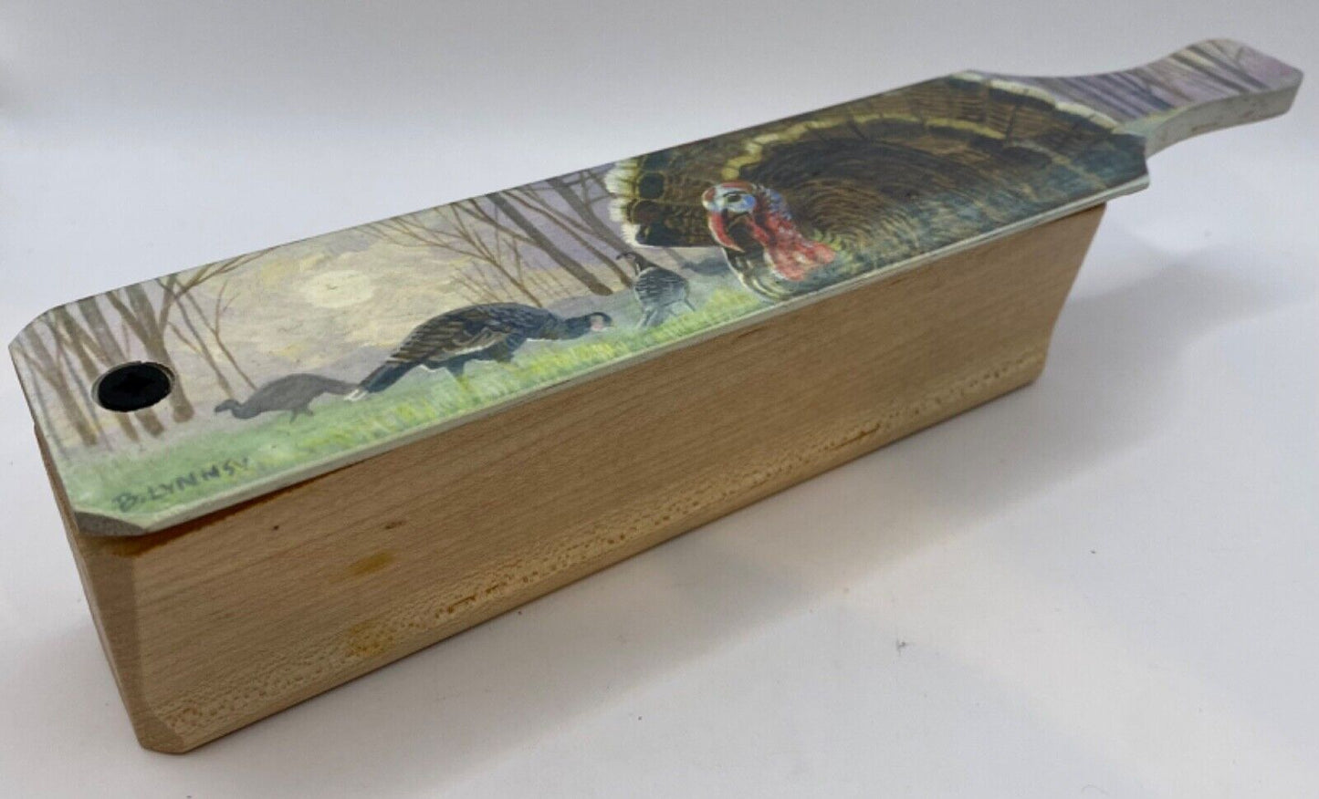 Wooden Amish Crafted Painted Lid Turkey Box Call - Turkey Scene