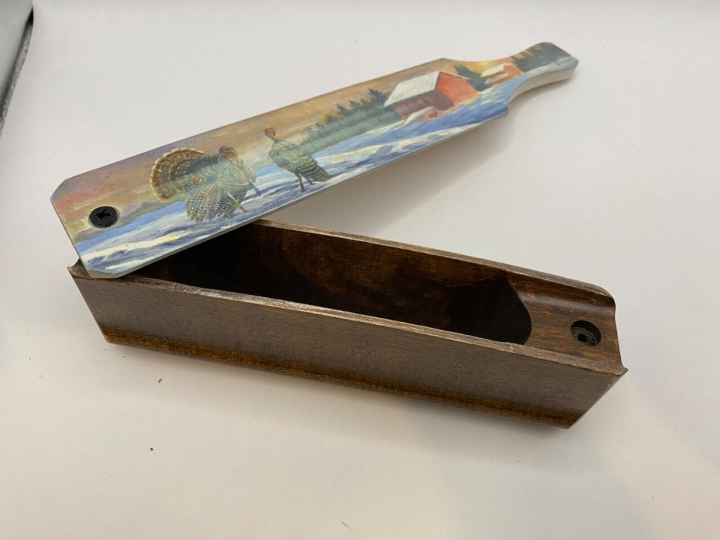 Wooden Amish Crafted Painted Lid Turkey Box Call - Winter Scene