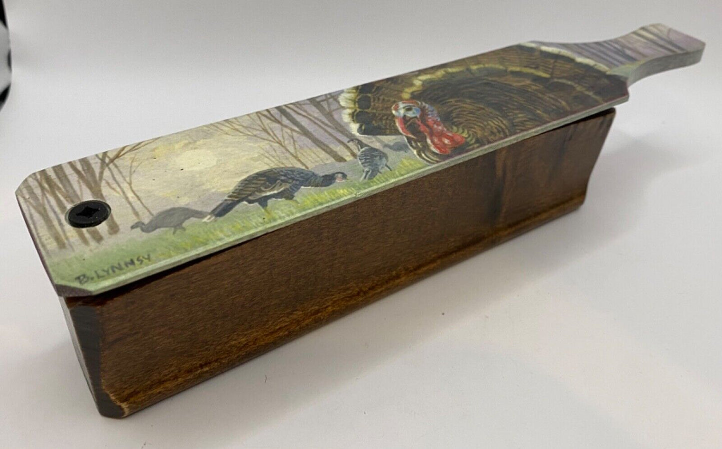 Wooden Amish Crafted Painted Lid Turkey Box Call - Turkey Scene