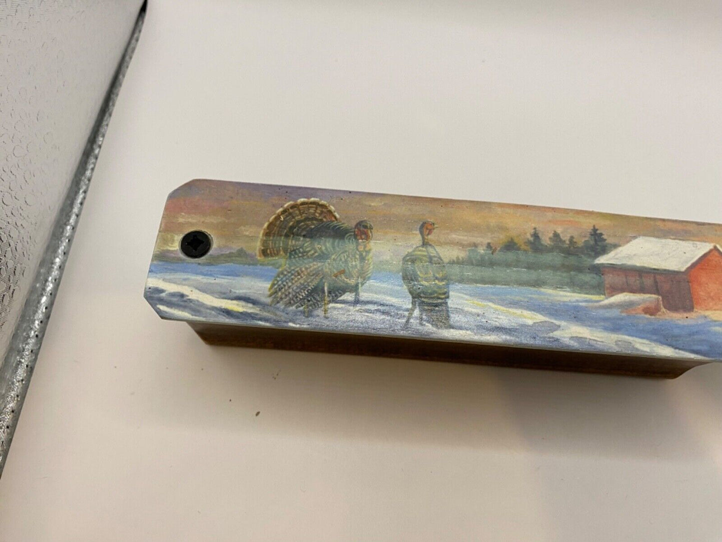 Wooden Amish Crafted Painted Lid Turkey Box Call - Winter Scene