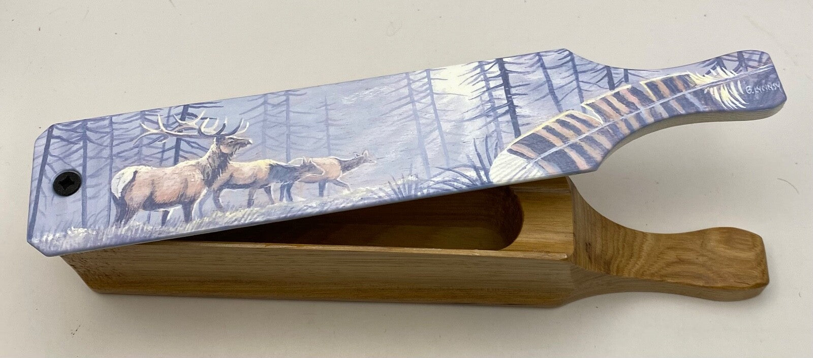 Wooden Amish Crafted Painted Lid Turkey Box Call - Elk Scene - New, Unused!