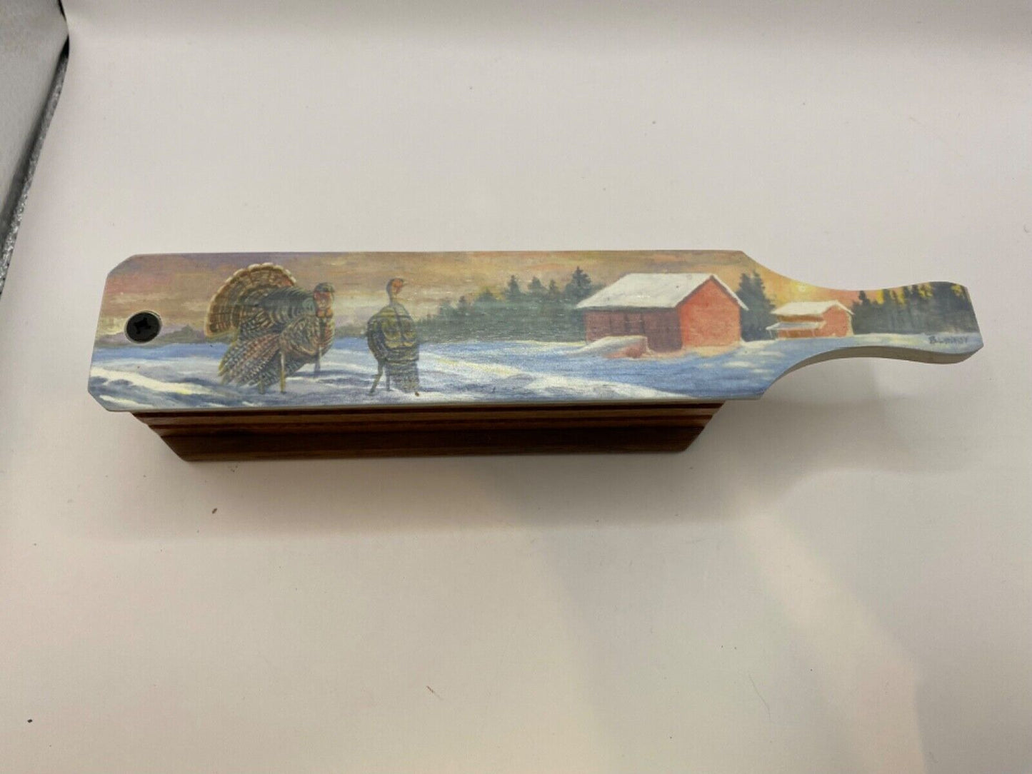 Wooden Amish Crafted Painted Lid Turkey Box Call - Winter Scene