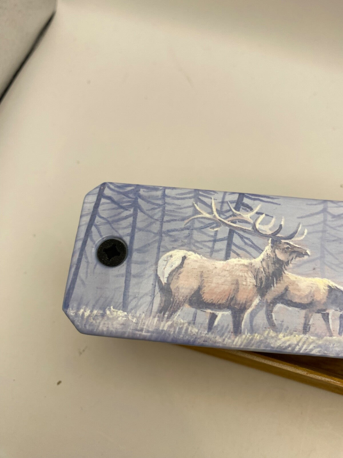 Wooden Amish Crafted Painted Lid Turkey Box Call - Elk Scene - New, Unused!