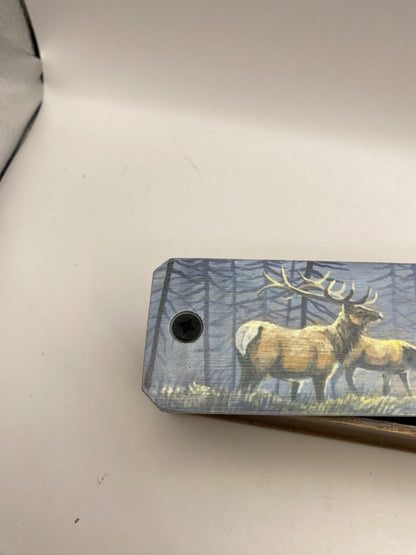 Wooden Amish Crafted Painted Lid Turkey Box Call - Elk Scene - New, Unused!