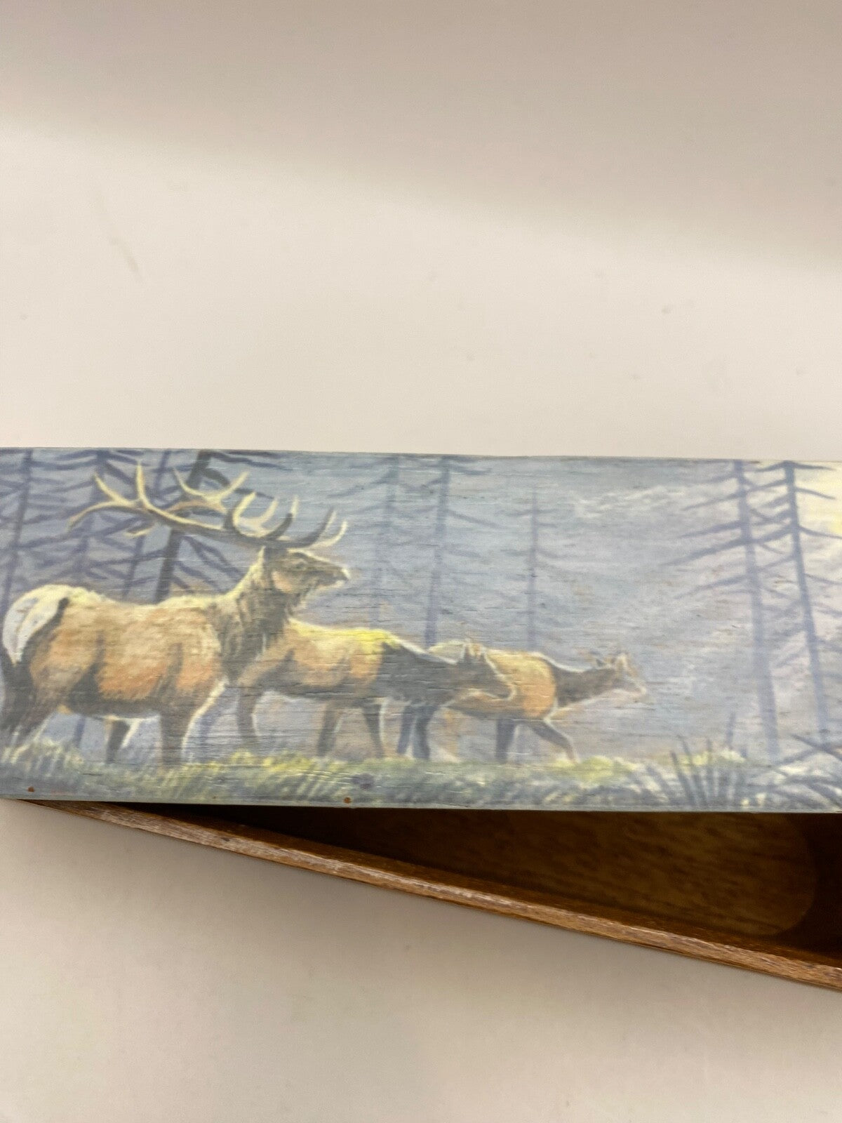 Wooden Amish Crafted Painted Lid Turkey Box Call - Elk Scene - New, Unused!