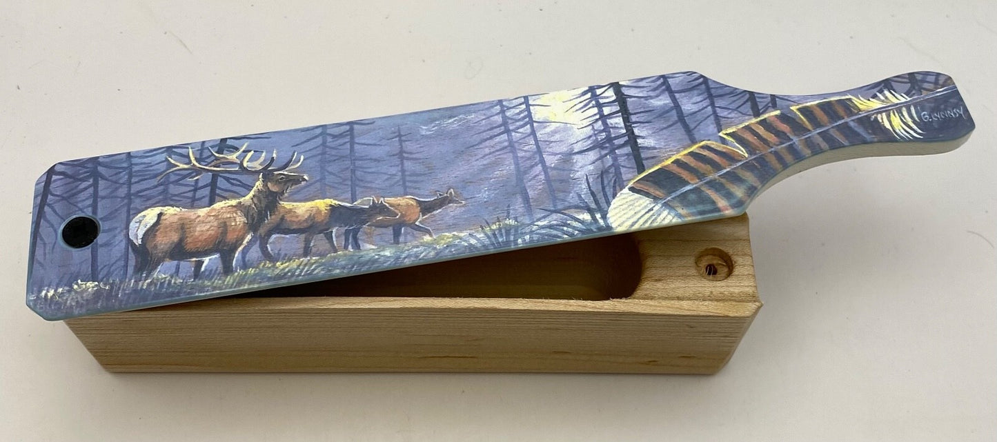 Wooden Amish Crafted Painted Lid Turkey Box Call - Elk Scene - New, Unused!