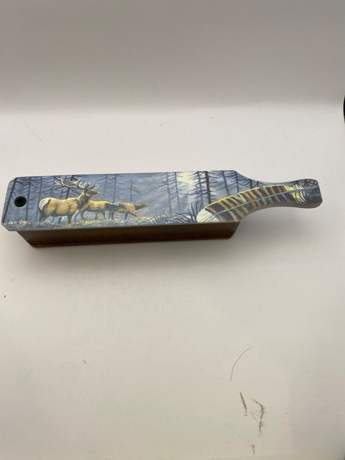 Wooden Amish Crafted Painted Lid Turkey Box Call - Elk Scene - New, Unused!