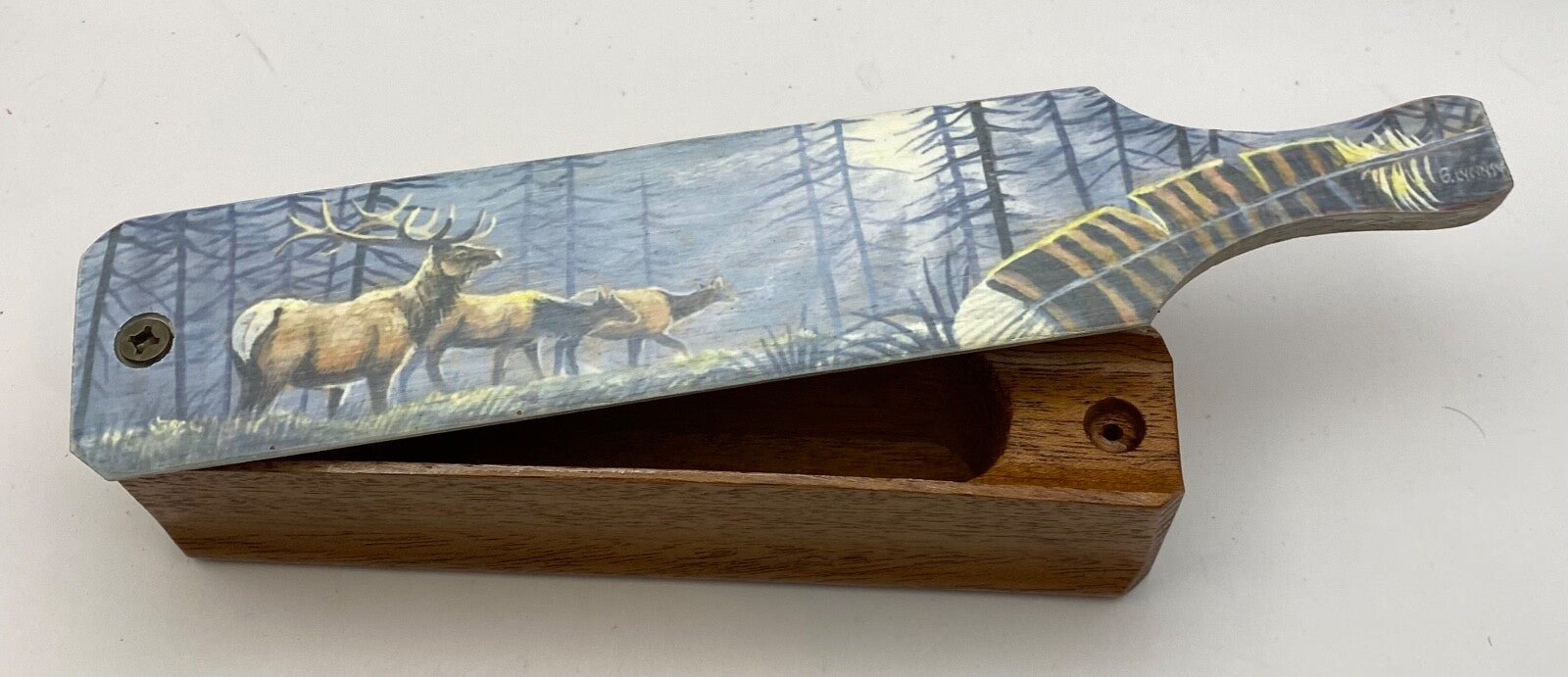 Wooden Amish Crafted Painted Lid Turkey Box Call - Elk Scene - New, Unused!