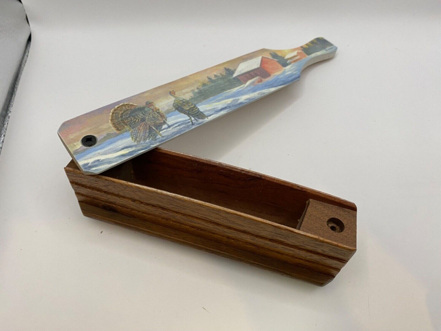 Wooden Amish Crafted Painted Lid Turkey Box Call - Winter Scene