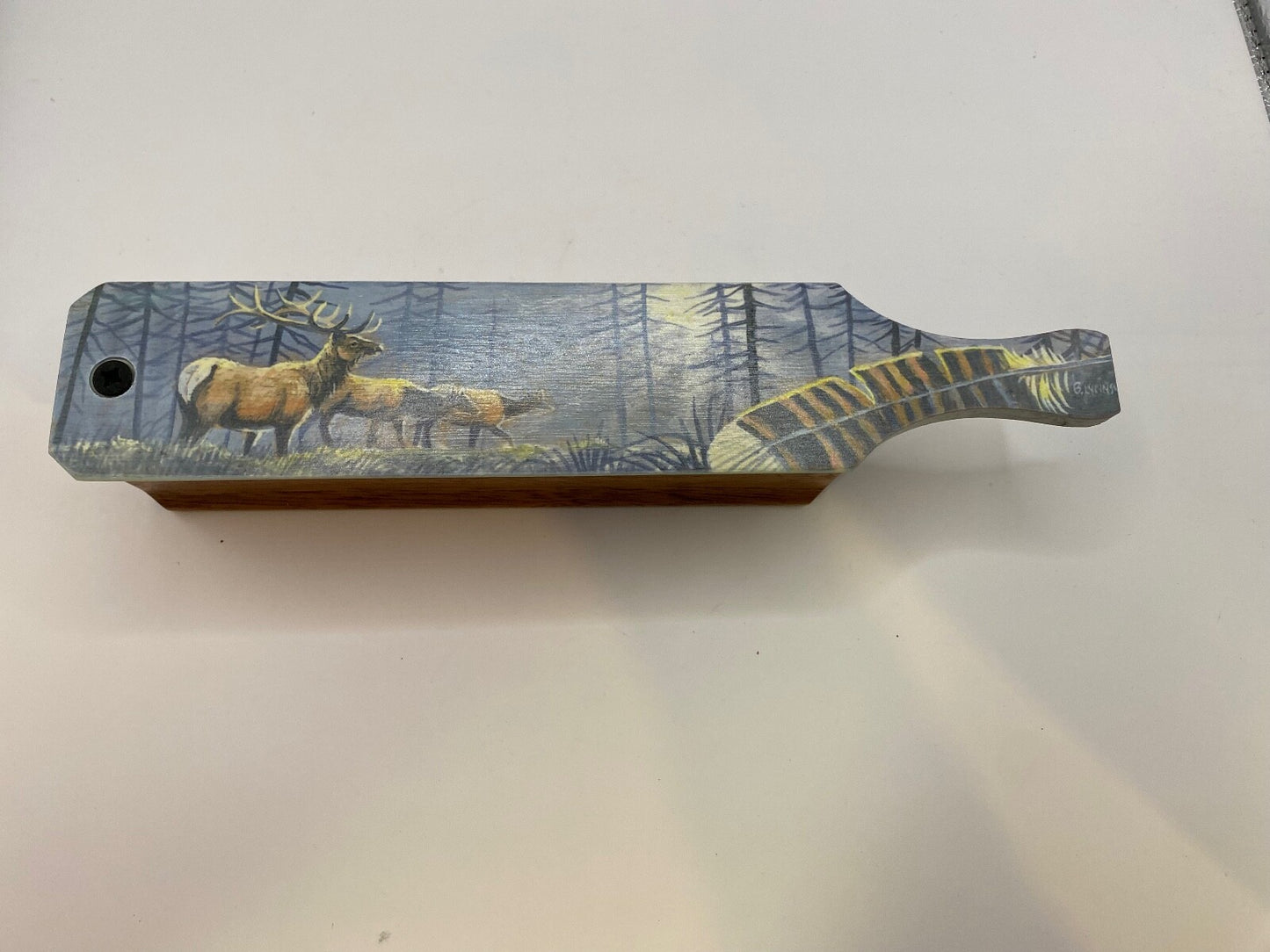 Wooden Amish Crafted Painted Lid Turkey Box Call - Elk Scene - New, Unused!