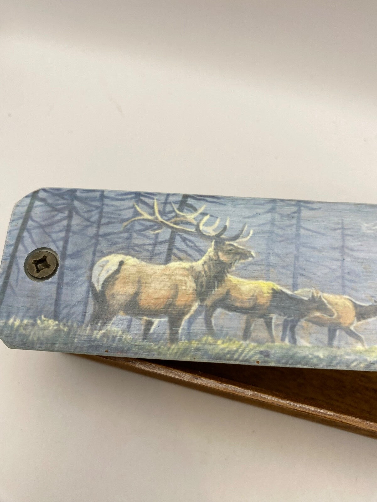 Wooden Amish Crafted Painted Lid Turkey Box Call - Elk Scene - New, Unused!